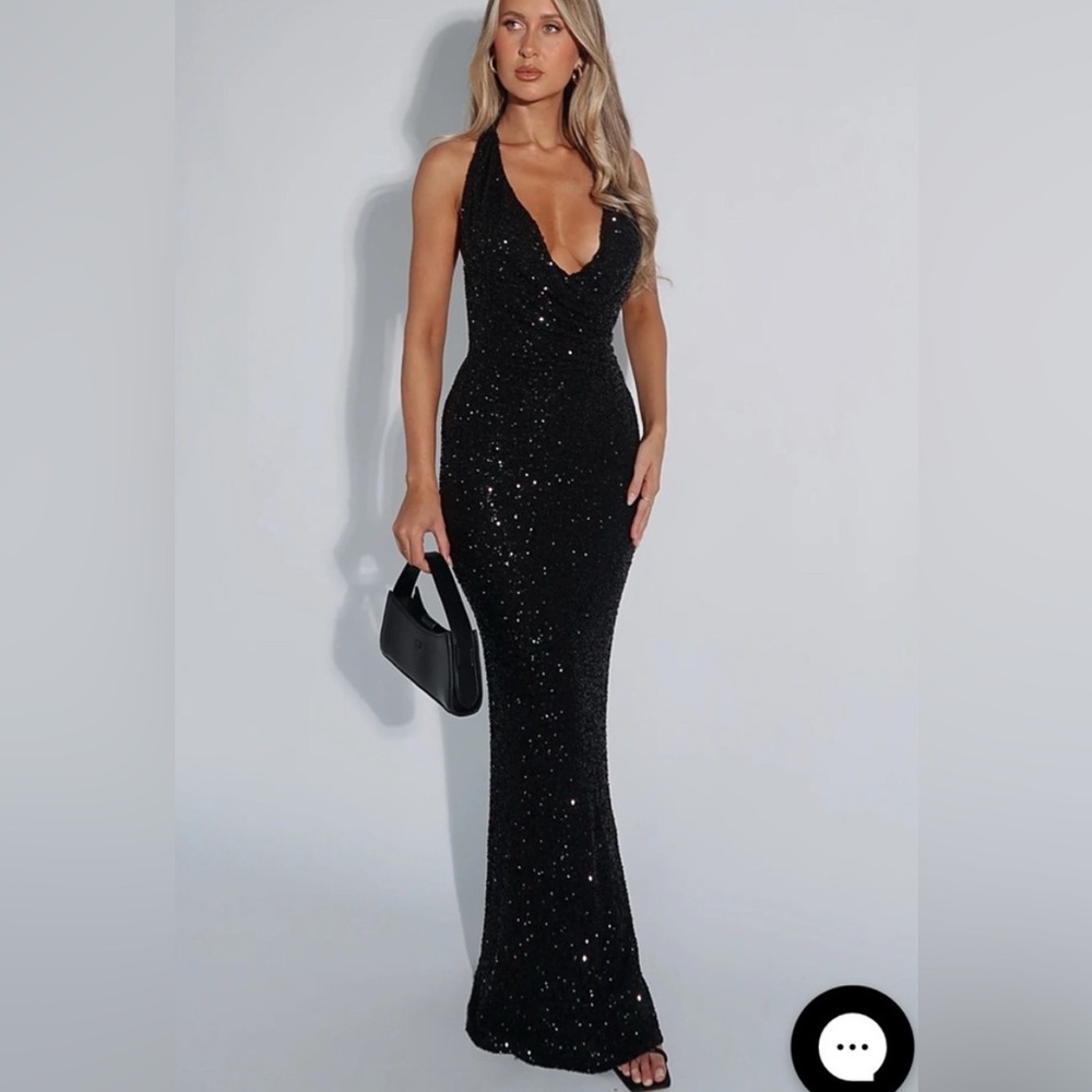 White Fox Boutique Black Sequin Halter Maxi Gown | XS